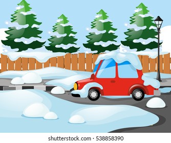 Neighborhood scene with red car covered with snow illustration