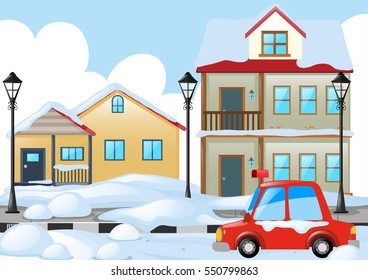Neighborhood scene with snow on the ground illustration