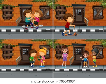 Neighborhood scenes with people doing different things illustration
