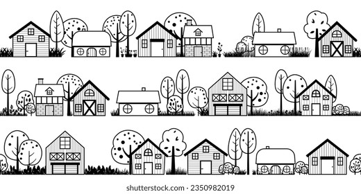 casas de silueta vecinales y barn bosquejo panorámico ilustración vectorial. frontera plana