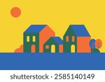 Neighborhood simple illustration in bright colors - Geometric style houses artwork vector