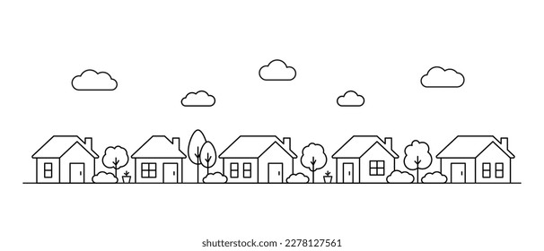 Neighborhood small house, line art. Street building, real estate architecture, apartment. Facade home in country city landscape. Vector outline illustration