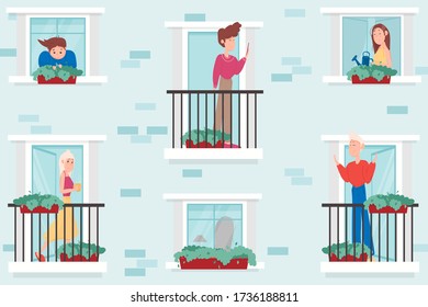 Neighborhood, stay at home concept. Different types of people stand on balconies or look out of windows. The neighbors in their own houses. Life in big cities. Cute vector illustration in flat style.
