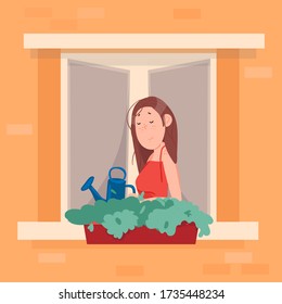 Neighborhood, stay home concept. Woman watering her flowers and look out of window an apartment building. Life in big cities. Social isolation during epidemic. Cute vector illustration in a flat style