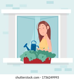 Neighborhood, stay home concept. Woman watering her flowers and look out of window an apartment building. Life in big cities. Social isolation during epidemic. Cute vector illustration in a flat style