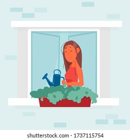Neighborhood, stay home concept. Woman watering her flowers and look out of window an apartment building. Life in big cities. Social isolation during epidemic. Cute vector illustration in a flat style