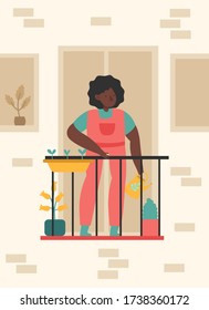 Neighborhood, stay home . Woman is watering flowers on the balcony. Growing and caring for  plants. Life in big cities. Social isolation during epidemic. Vector illustration in a flat illustration.