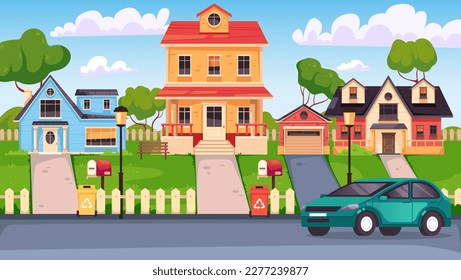 Caricatura de la calle vecinal casa el concepto de pueblo pequeño. Ilustración del diseño gráfico del vector