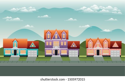 neighborhood street with houses scene