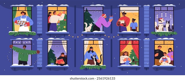 Neighborhood and Xmas set. Happy neighbors in window frames celebrate winter holidays, decorate home and Christmas tree, have fun. Neighbours indoors at New Year. Flat isolated vector illustrations