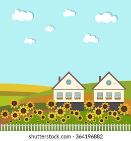 Neighboring Country Houses With Colorful Hills And Sunflowers