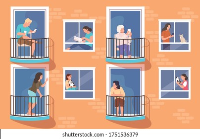 The neighbors of an apartment building. The concept of social isolation 
during the coronavirus pandemic. Windows with people inside. 
Balconies with people during quarantine. Stay home.