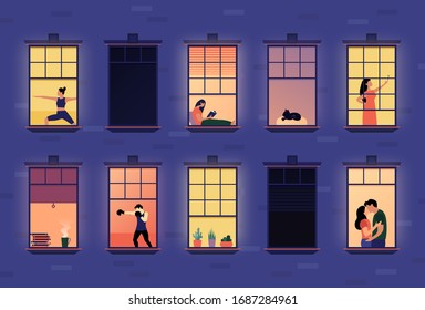 Neighbors in apartment windows. Cartoon neighborhood house building exterior with people in opened windows, indoors apartment set flat style. Vector illustration
