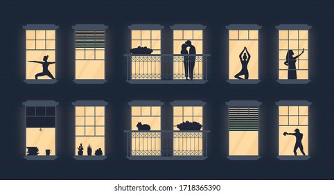 Neighbors in apartments windows. Cartoon people shadows evening home scene flat style. Neighborhood with character silhouettes, vector illustration