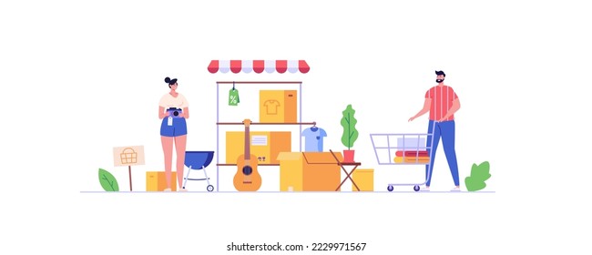 Neighbors buy and sell personal things at garage sale. People shopping home supplies. Concept of garage sale, flea market, bazaar. Vector illustration in flat cartoon design