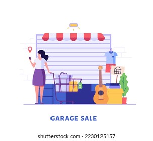 Neighbors buy and sell personal things at garage sale. People shopping home supplies. Concept of garage sale, flea market, bazaar. Vector illustration in flat cartoon design