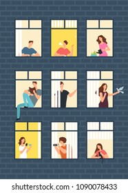 Neighbors cartoon people in apartment house windows. Neighborhood vector concept. Building with window and man, woman illustration