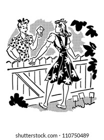 Neighbors Chatting Over Fence - Retro Clipart Illustration