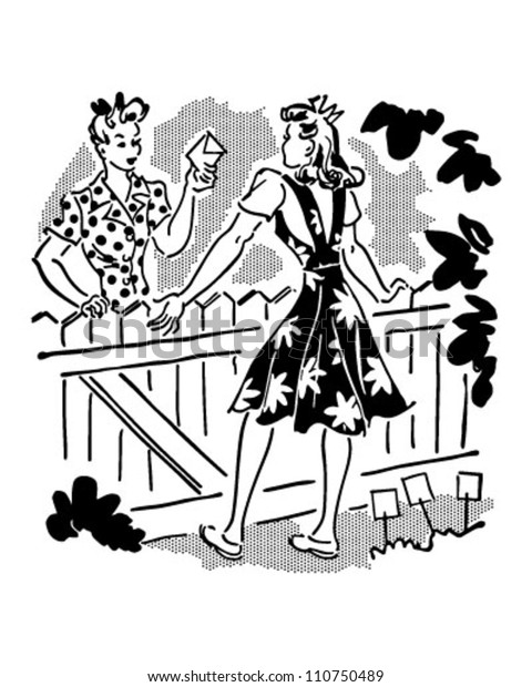 Neighbors Chatting Over Fence - Retro\
Clipart Illustration
