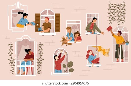 Comunicación de vecinos, barrio, convivencia, concepto de ayuda mutua con gente amigable en las ventanas. Hombres y mujeres en sus departamentos de casa charlando, relajándose, Dibujo lineal lineal vectorial lineal de dibujos animados