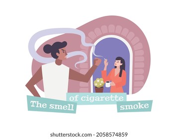 Neighbors composition with doodle characters of mad woman looking at smoking neighbor in window vector illustration