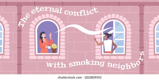 Neighbors conflict background with smoking cigarettes symbols flat vector illustration