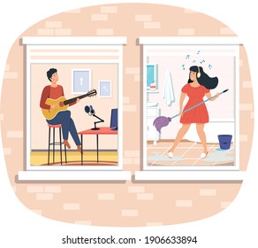 Neighbors dance and play guitar view through window. Coronavirus, social isolation, quarantine concept. Man woman characters relax, sing songs, dancing, playing musical instruments stay at home