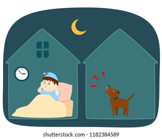 Neighbor's Dog Barking Loudly At Night Vector Cartoon Illustration.