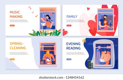 Neighbors during various occupations in windows of home set of horizontal banners isolated vector illustration