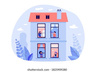 Nachbarn, die zu Hause Freizeit genießen. Blick durch Fenster, Menschen, die Hobby-Flavektor-Illustration. Vermietungshaus, Nachbarschaftskonzept für Banner, Website-Design oder Landingpage