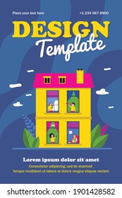 Neighbors enjoying leisure time at home. View through window, people practicing hobby flat vector illustration. Tenement house, neighborhood concept for banner, website design or landing web page