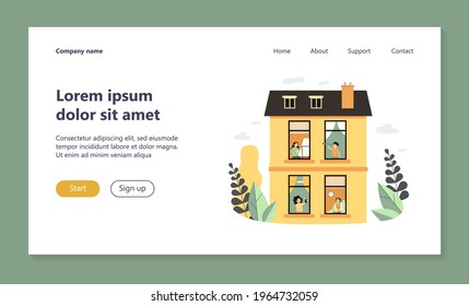 Neighbors enjoying leisure time at home. View through window, people practicing hobby flat vector illustration. Tenement house, neighborhood concept for banner, website design or landing web page