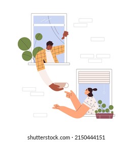 Neighbors help, support, food sharing concept. Good neighborhood, friendship. Man and woman neighbours friends in open windows of coliving dorm. Flat vector illustration isolated on white background