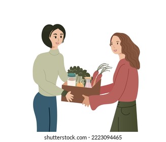 Los vecinos ayudan, apoyan y comparten el concepto de alimentos. Buen vecindario, amistad. Ilustración vectorial plana aislada en fondo blanco