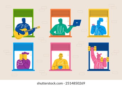 Neighbors in house windows. People in apartments work on computer, play guitar, doing exercises, read book and look outside in windows. Colorful vector illustration
