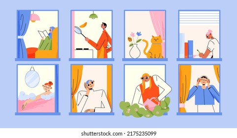 Neighbors in house windows read book, study, watering plants and look outside. Vector flat illustration of happy people in apartments cooking, listen music and taking bath