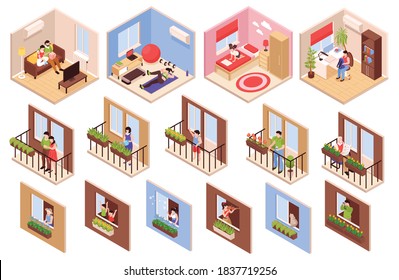 Neighbors Icons Set With Lovely Neighborhood In Town Symbols Isometric Isolated Vector Illustration