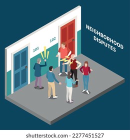 Neighbors isometric concept with people arguing in building hall vector illustration