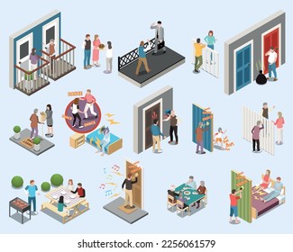 Neighbors isometric icons set with people chatting friendly and having parties isolated vector illustration