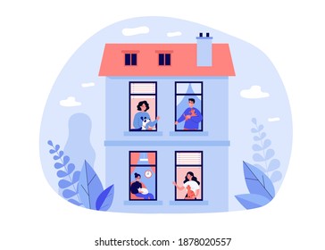 Neighbors Keeping Pets In Their Flats. Windows And Exterior Of Apartment Building Flat Vector Illustration. Domestic Animals, Pet Care Concept For Banner, Website Design Or Landing Web Page