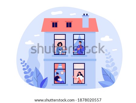 Neighbors keeping pets in their flats. Windows and exterior of apartment building flat vector illustration. Domestic animals, pet care concept for banner, website design or landing web page