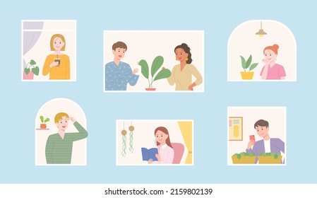 Neighbors' life seen through the window. People are growing plants. flat design style vector illustration.