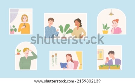 Neighbors' life seen through the window. People are growing plants. flat design style vector illustration.