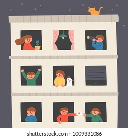 Neighbors look at the window. Building background of evening sky. hand drawing style vector illustration flat design