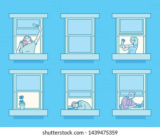 Los vecinos miran las ventanas de un apartamento. ilustraciones de diseño vectorial de estilo dibujado a mano. 