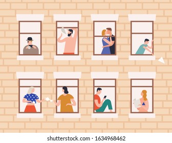 Neighbors and neighborhood concept vector flat illustration. Cartoon people living in house with open window frames. Building exterior or facade with man, woman and children inside apartments