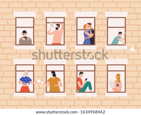 Neighbors and neighborhood concept vector flat illustration. Cartoon people living in house with open window frames. Building exterior or facade with man, woman and children inside apartments