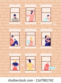 Vizinhos e vizinhos. Exterior de prédio com janelas abertas e pessoas que vivem no interior. Homens e mulheres bebendo chá, lendo, beijando em seus apartamentos. Ilustração vetorial plana dos desenhos animados.