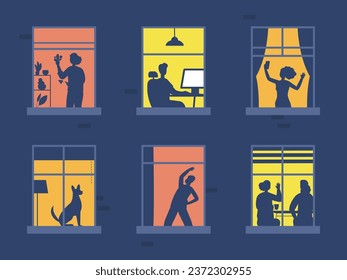 Neighbors in night windows. Neighbor silhouette in window curtains of apartment city building, neighborhood noise problem, evening people relaxing after work vector illustration