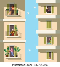 Neighbors on balconies. People rest with pets, reading, watering plant on balcony apartment building characters in flats quarantine period covid-19 pandemic, stay home concept flat vector illustration